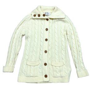 Wayne Taylor Women's Cardigan Sweater Sz L Ivory Cable Knit Button Down Vintage